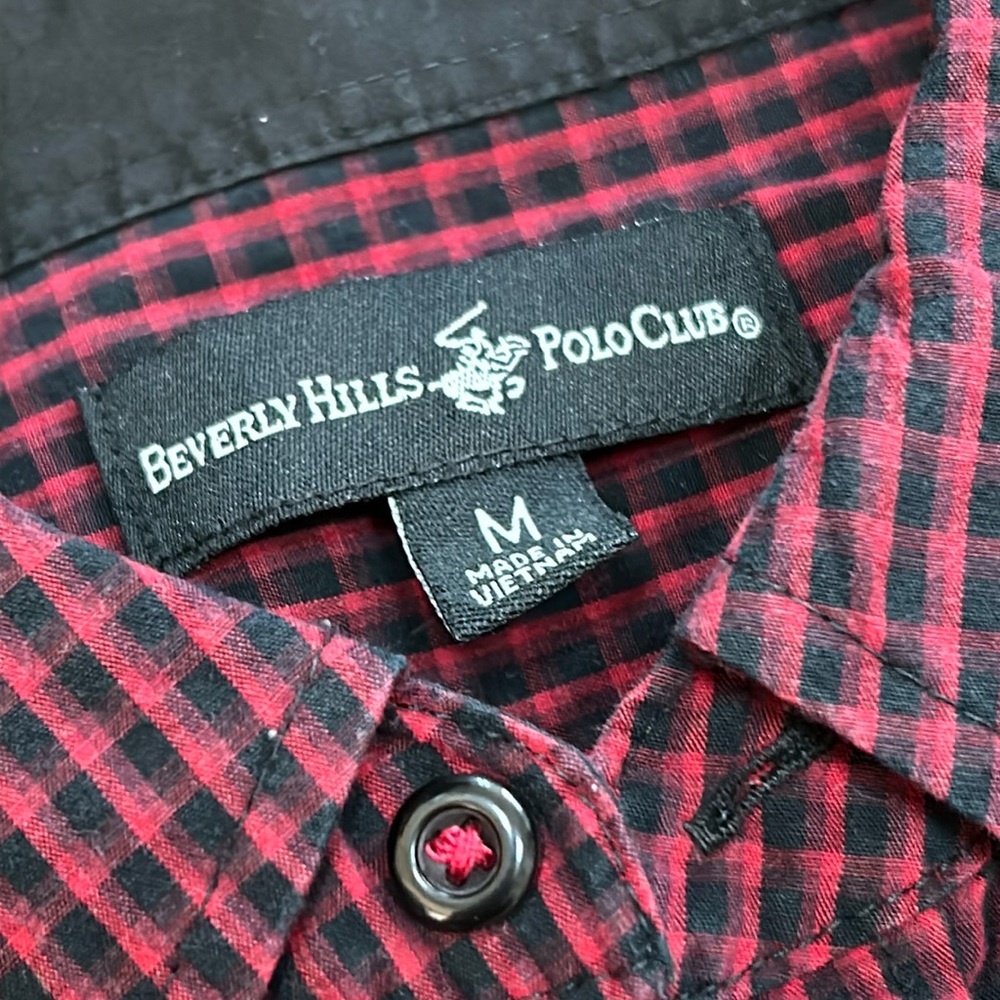 Medium men’s 100% cotton plaid button down top Beverly Hills polo club - Picture 2 of 5